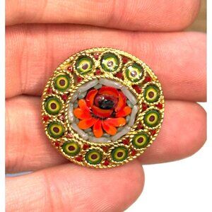 Vintage Mosaic Floral Brooch Pin With Gold-Tone Trim